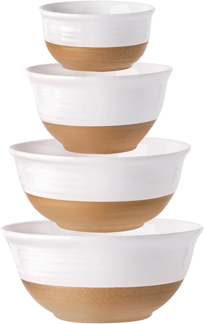 HASENSE Ceramic Serving Bowls Set of 4, 2.1/1.5/1.0/0.5 Qt White & Terracotta Stoneware Mixing Bowls, Farmhouse Bowls for Cooking, Prepping, Salad & Soup, Dishwasher & Microwave Safe, Serving Dishes