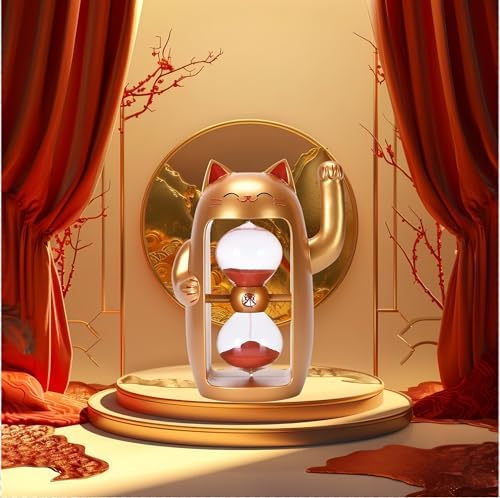 Lucky Cat Sand Timer Cute Hourglass Maneki-Neko Sandglass Timer reloj de Arena 5Min Sand Clock for Toothbrush Games Classroom Home Office Cooking Front Desk（Gold+5Min）