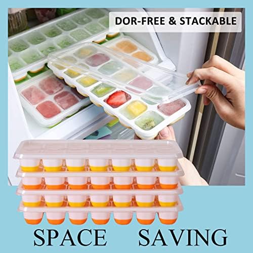 Ice Cube Trays with Lid BPA Free, 4 Pack 56 Ice Easy Release Flexible Silicone Ice Cube Tray Stackable No Spill Ice Tray Dishwasher Safe for Baby Food,Cocktail, Whiskey, Orange & Yellow