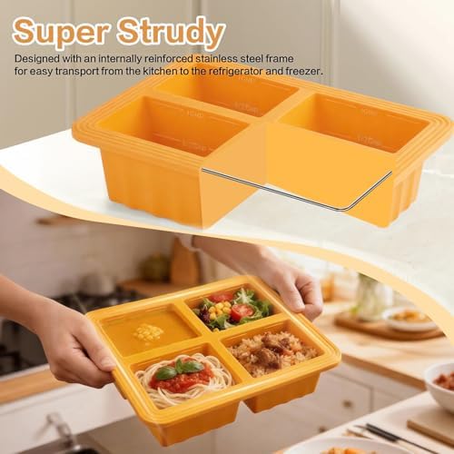 2 Pack Silicone Soup Freezer Molds with Lids, 1 Cup Silicone Freezing Soup Container, Ice Cube Trays for Freezer, Freeze Broth,Sauce,Leftovers, 250mL /125mL Portions, Orange