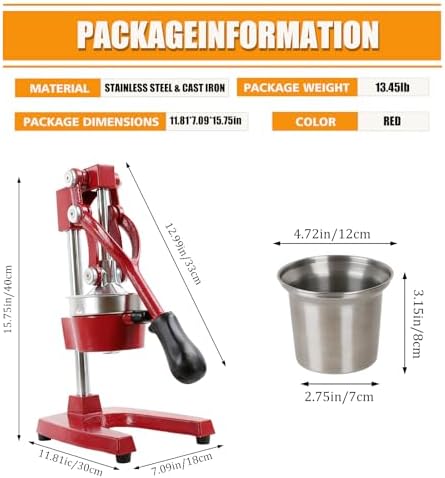 Kitchen Cast Iron Juicer - Easy-to-Clean Heavy-Duty Manual Juicer, Professional Citrus Juicer - Stainless Steel Lemon Squeezer - Manual Citrus Press & Orange Squeezer - Orange Juicer (Red)