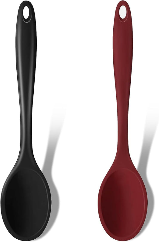 GEEKHOM Silicone Cooking Spoons, 2 Pieces 11" Heat Resistant Silicone Kitchen Utensils Set Large Serving Stirring Spoons for Non Stick Cooking, Mixing, Basting, Baking, Black+Red