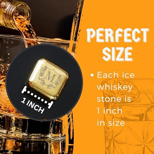 Onebttl Whiskey Stones Golden with Initial - 4pcs Stainless Steel Ice Rocks, Unique Gift for Men Women, Perfect for Whisky Lovers for Christmas, Birthday,R
