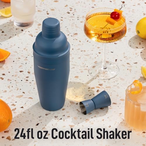 Modern Mixology 24oz Matte Blue Cocktail Shaker Set – Bartender Essentials with Built-In Strainer, Cap, Jigger for Martini, Margarita, More – Luxury Drink Mixer Kit for Bar, Gift for Men and Women