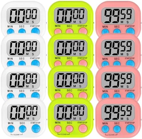 ZILLEEN Digital Kitchen Classroom Timers for Kids Cooking 12pcs Wht Grn Pk