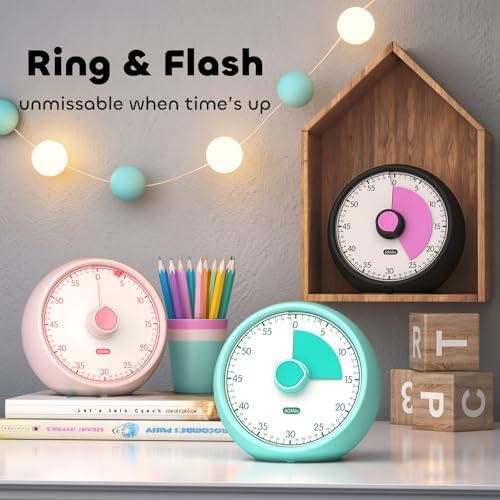 Visual Timer for Kids 60-Minute Countdown Timer with Optional Alarm, Focus Tool for ADHD & Autism, Time Management for Homework, Chores, Office, Kitchen, Teaching & Study Routines (Black Pink)