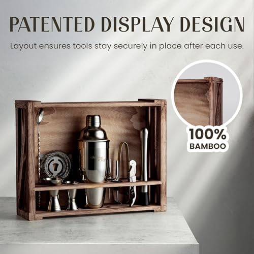 Mixology & Craft Rustic Cocktail Shaker Set – Includes Wood Stand, Complete Barware Kit with 24 Oz Shaker, Dual Jiggers, Pourers, Muddler, Strainer – Perfect for Home Bartenders (Gun-Metal Black)