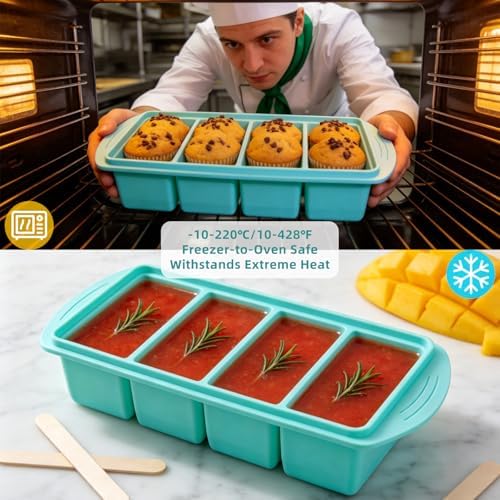 Silicone Freezer Trays with Lid for Food- 4 Large 1-Cup (250ml) 2 Pack, Ice Cube Tray Easy Release and Food Storage, Freezer Molds for Meal Prepping, Soup, Sauces, Stews and Leftovers