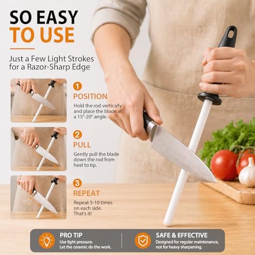 10-in Ceramic Honing Rod, 1200 Grit Knife Sharpener Rod for Kitchen Knives