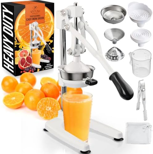 Zulay Kitchen Pulperizer 9 in 1 Cast Iron Juicer - Easy-to-Clean Heavy-Duty Manual Juicer with Presser Attachment to Juice All Types of Fruits! Extra Tall with Stainless Steel Bowl - White