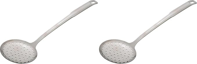 HIC Kitchen Perforated Spoon Style Skimmer with Long Handle, 18/8 Stainless Steel (Pack of 2)