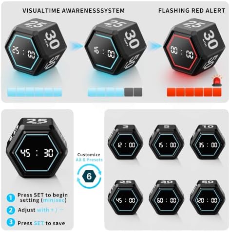 Cube Productivity Timer, 3/5/10/25/30/50 Minute Presets for ADHD