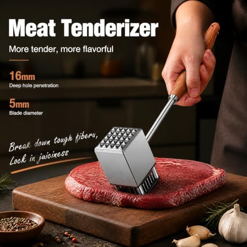 2-in-1 Stainless Steel Meat Tenderizer Hammer, Dual Sided Meat Mallet with Removable Needle Design, 0.66LB Heavy Duty Steak Pounder with Non-Slip Rosewood Handle for Beef Pork Chicken
