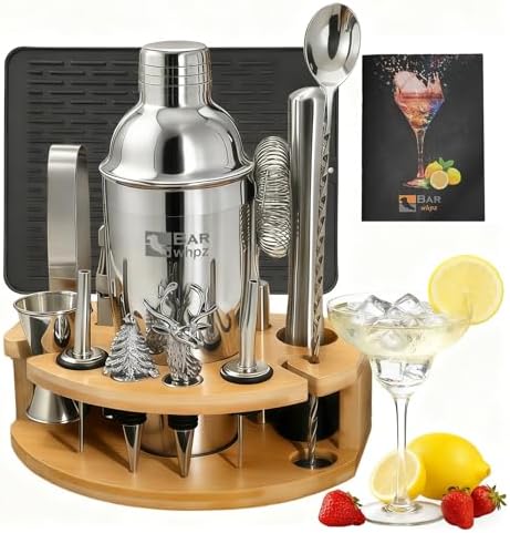 Silicone Pad Included Cocktail Shaker Set Bartender Kit,Mixology Bartender Kit 13-Piece with Bamboo Stand,Martini Shaker Kit with All Essential Accessory Tools for Drink Mixing Gift for him or her