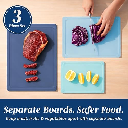 COOK WITH COLOR Extra Large Cutting Board Set, Jumbo-Sized Boards with Rubber Border for Enhanced Cooking Experience, 3-Piece, Blue