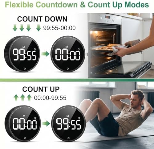 Digital Kitchen Timer, Magnetic Visual Pomodoro Clock with Large LED Display, 3 Preset Times (5/15/25) for Cooking Baking Fitness