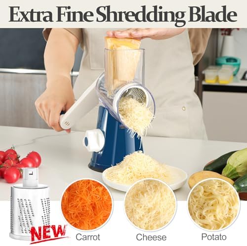 Cambom Rotary Cheese Grater Hand Crank Cheese Shredder for Fresh Cheese, Vegetable, Nuts,Non-slip Suction Base, Five Blades, Dark Blue