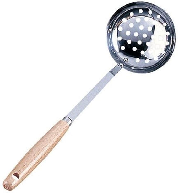 Endoshoji BOL6501 Professional Olive Perforated Ladle, Stainless Steel, Natural Wood, Made in Japan