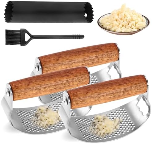 Garlic Press Rocker, 2025 New Manual Stainless Steel Garlic Presser Rocker, Crusher Masher with Garlic Peeling Drum Brush for Home Kitchen Utensils (3)