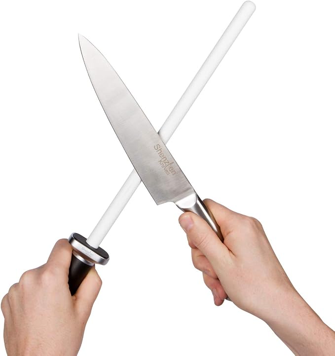 Shenzhen Knives Ceramic Honing Rod 12 Inch – Ceramic Knife Sharpener for Chef, Carving, Paring & Hunting Knives – HRC 68 Alumina, 1000 Grit – Rectangular Safety Guard