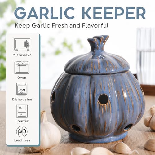 Ceramic Garlic Keeper Storage Holder Jar with Lid, Kitchen Countertop Large Garlic Canister Cellar Saver Holder Crock Container. (Blue)