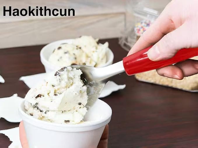 Durable Ice Cream Spade Scoop with Easy Dig Sharp Edge for Hard Ice cream, Stainless Steel Flat Ice Cream Paddle with Non-Slip Grip Handle,Red