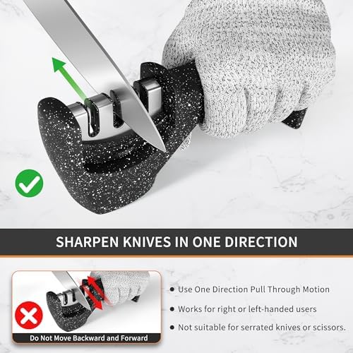 3-Stage Knife Sharpener with Cut-Resistant Glove - Restores, Refines, and Polishes Knife Edges; Ergonomic, Ambidextrous Handle with Non-Slip Base (Granite Black)