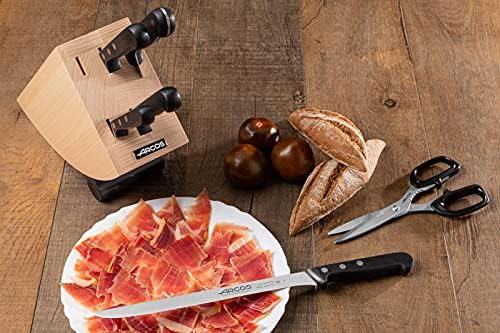 Arcos Kitchen Block Knife Set 6 pieces (5 Knives + 1 Scissors). Stainless Steel - Polyoxymethilene (POM) Handles. Pine Wood Block