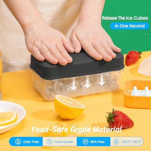 PHINOX Ice Cube Tray with Lid and Bin, Easy Release 84 Cubes for Freezer