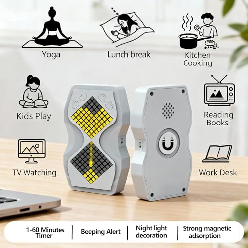 LED Visual Hourglass Timer, 1-60 Minute Countdown with Magnetic Mount, Buzzer Alert & Dimmable Night Light, Sand Timer for Kids Learning, Classroom, Cooking, Chess, Fitness & Baking（White）