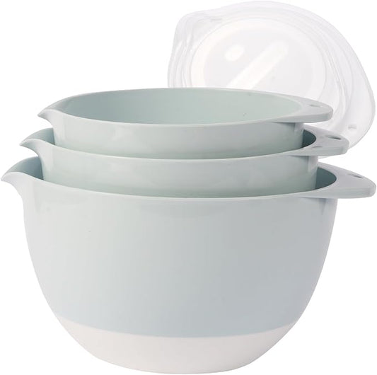 3 Small Plastic Mixing Bowls with Lids,Pour Spout,TPR Base,Mixing Bowl Set | Deep Nesting Small Batter Bowl for Serving,Prep,Baking,Non Slip,Dishwasher Safe,Easy to Grip/Spout,Pale Blue