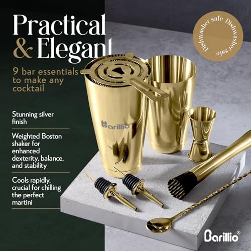 Barillio Gold Boston Shaker Set - Stainless-Steel, Weighted Martini Cocktail Shaker Set w/Strainer & Drink Mixer - Mixology Bartender Kit - Bar Set for the Home - 9-pc Drink Shaker Set - Bar Tools