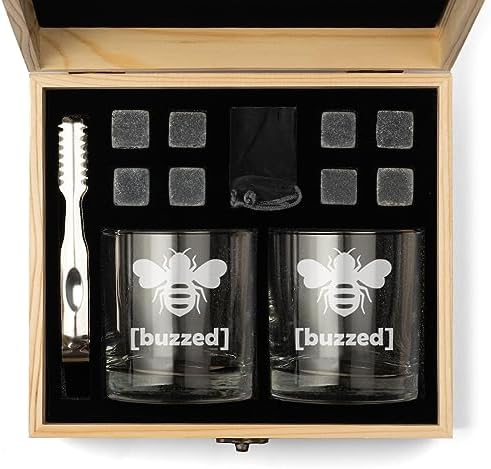 Whiskey Glass Gift Box Set with Whiskey Stones and 2 Rocks Glasses Buzzed Bee