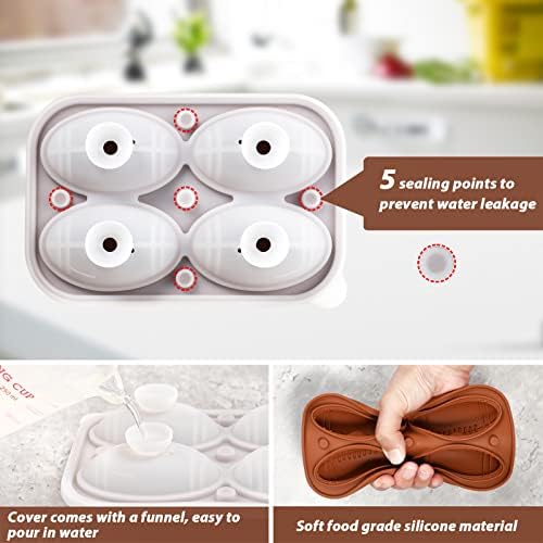 Kamehame Football Ice Cube Mold Set of 2, Silicone Football 3D Ice Ball Mold Tray for Whiskey, Cocktails, Superbowl Drinks, Black & Coffee, Oval Silicone Molds with Funne