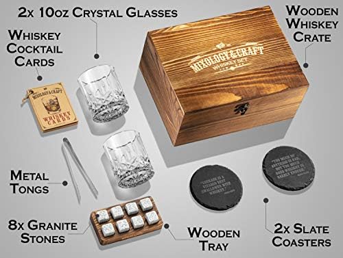 Mixology & Craft Whiskey Glasses Gift Set for Men - Pack of 2 Diamond Cut Glasses w/ 8 Granite Chilling Stones, 2 Coasters, Tongs & Cocktail Recipe Book in Wooden Crate