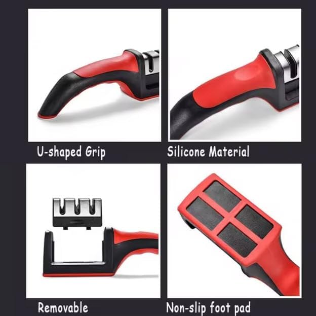 Professional 3-Stage Knife Sharpener with diamond, tungsten steel and ceramic slots. Sharpen kitchen knives, chef knives and scissors easily with this non-slip manual sharpener. (Red)