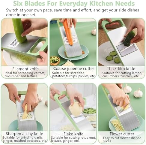 LELE LIFE 6 in 1 Mandoline Slicer for Kitchen, Multi Purpose Vegetable Slicer with Hand Guard for Cucumber Potato Slicer, Waffle Fry Cutter Julienne Slicer Veggie Slicer Grater