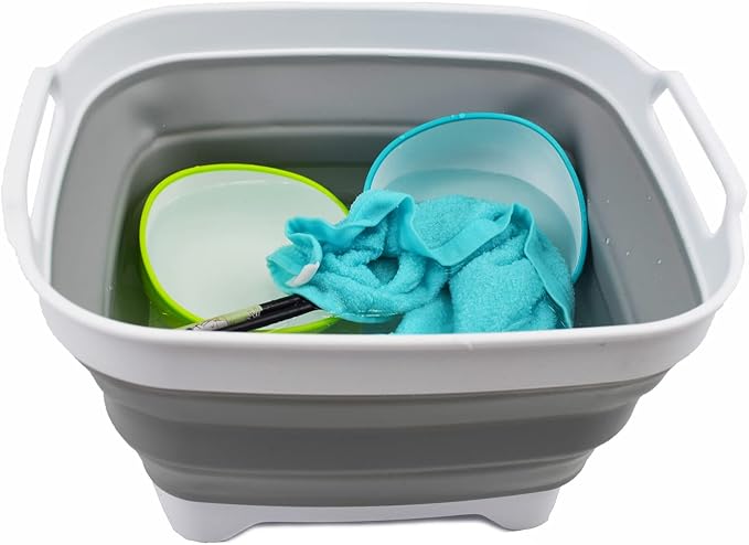 SAMMART 7.5L (2 Gallons) Collapsible Dishpan with Draining Plug - Foldable Washing Basin - Portable Dish Washing Tub - Space Saving Kitchen Storage Tray (White/Grey, 1)