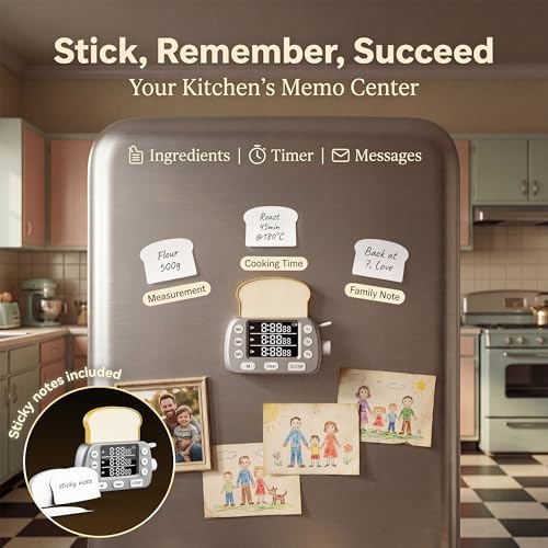 Digital Kitchen Timer for Cooking - 3-Channel Magnetic Countdown Timers with Memory Preset for Baking, Toaster, Eggs Includes Memo Notes (Silver)