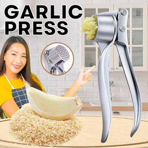 KESEM Metal Garlic Press, Manual Garlic Mincer Squeezer Chopper Garlic Crusher Masher Cutter Presser Kitchen Gadget Tool for Garlic Ginger and more, Small, Silver