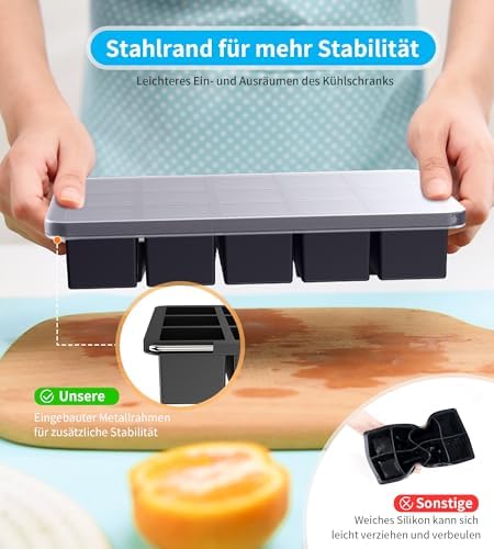 Ankway Upgraded Silicone Ice Cube Trays with Lid, 2 Pack Sturdy Ice Cube Moulds with Metal Frame, Food Grade, BPA Free, Super Easy-Release Ice Trays for Freezer, Whiskey, Cocktail and Drink