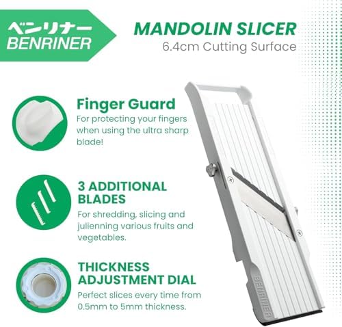 Benriner Japanese Mandoline Slicer – Vegetable Slicer with 4 Stainless Steel Blades, BPA-Free Adjustable Vegetable Cutter – Official US Version with Authentic Retail Packaging