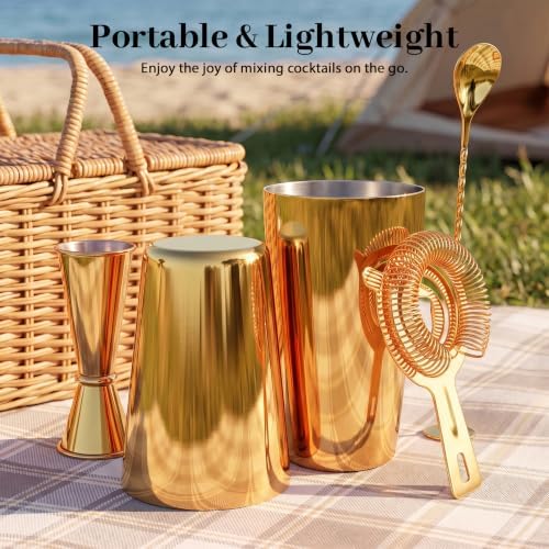 Boston Cocktail Shaker Set, 18 oz & 28 oz 2-Piece Tins, 304 Stainless Steel Bartender Kit 5-Piece Bar Tool Set with Recipe Book, Perfect for Novices & Pros, Home and Bar Use (Gold)