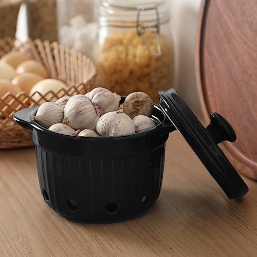 Garlic Keeper with Lid, Ceramic Garlic Saver Container for Countertop, Kitchen Decor (Black)