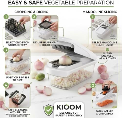 Vegetable Chopper 15 in 1 with Container – Mandoline Slicer, Onion Chopper Dicer, Food Chopper, Cheese Grater & Veggie Slicer for Kitchen Meal Prep | KIOOM