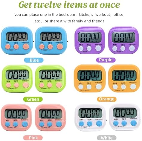 12 Pack Multi-Function Electronic Timer - Kitchen Timer,Magnetic Digital Timers,Big LCD Display, ON/Off Switch,Extensively Use in Cooking,Gym, Meeting, Classroom,Kitchen,Study,Work,Outdoor Activities