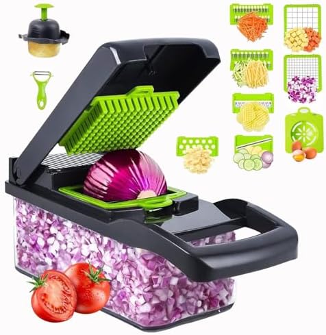16 IN 1 VEGETABLE CHOPPER AND SLICER WITH CONTAINER -MULTI- FUNCTIONAL MANDOLINE CUTTER FOR ONIONS, FRUITS &CHEESE - KITCHEN GADGETS WITH INTERCHANGEABLE BLADES &PEELER.
