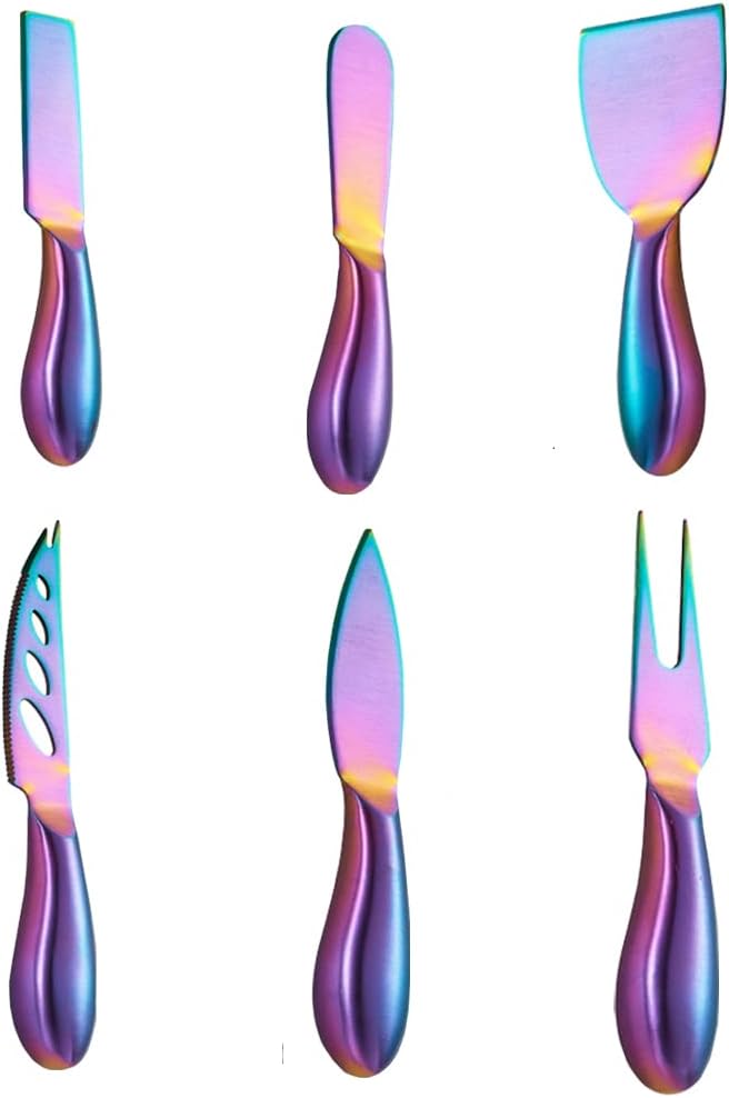 Premium 6-Piece Steel Cheese Knife Set - Rainbow Collection with Slicer, Cutter, Fork & Spreader