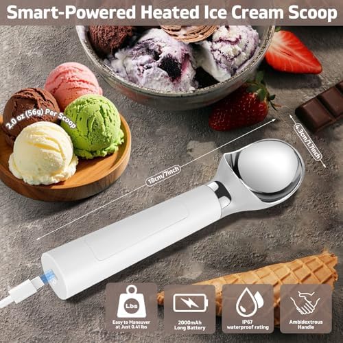 Heated Ice Cream Scoop Rechargeable – Electric Ice Cream Scooper with LED Display, 158°F Fast Warm-Up, IP67 Waterproof, Easy for Seniors & Kids to Use – Effortlessly Scoops Hard Ice Cream and More