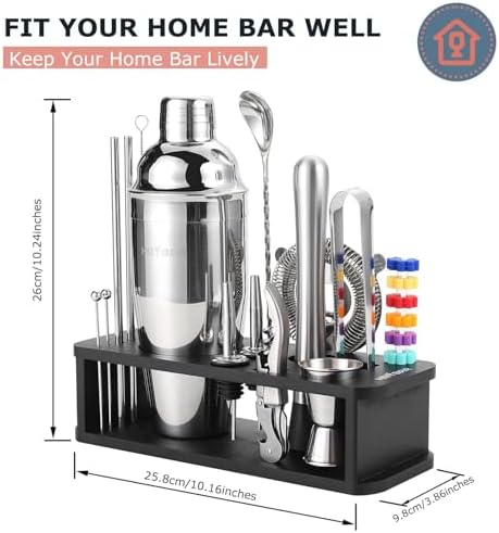 HMYBAR® 22-Piece Cocktail Shaker Set, Mixology Bartender Kit with 24oz Cobbler Shaker, Home Bar Tool Set with Black Bamboo Stand, 39 Recipe Cards, Glass Markers, Gift for Men & Dad